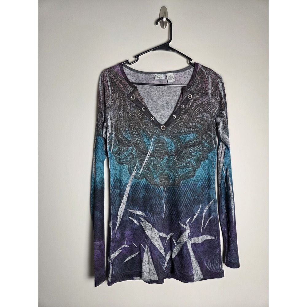 Daytrip Buckle Top Teal Purple Ombre Henne Lace Graphic Burnout Long Sleeve SM